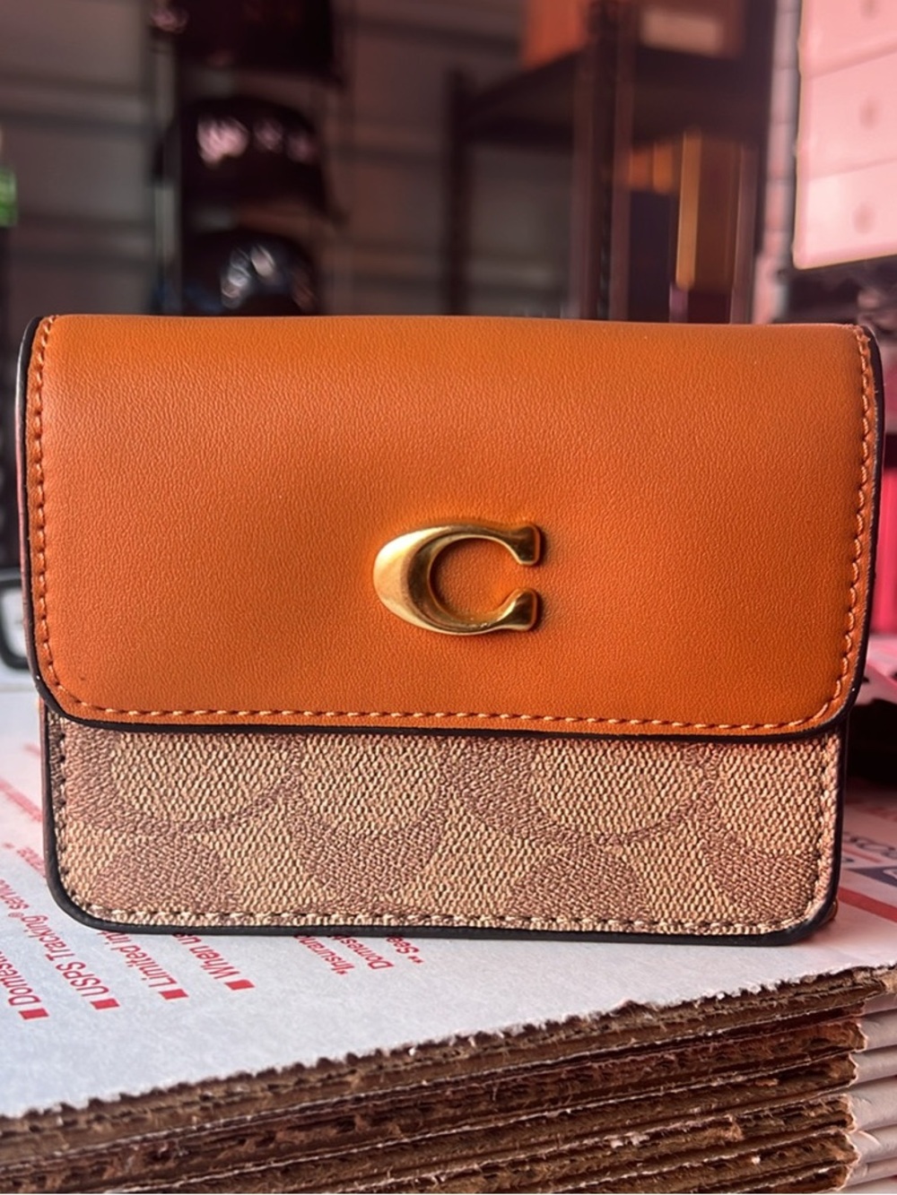 Coach Orange & Beige Signature Leather Compact Wallet